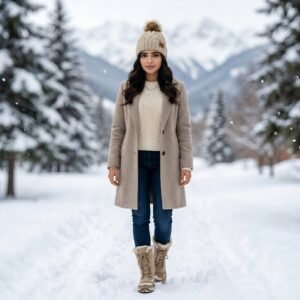 Model wearing a winter beanie in a cold-weather outdoor setting.