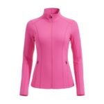Front view of a women’s badminton jacket made from lightweight knit performance fabric, featuring a full‑zip front, long sleeves, and a streamlined athletic fit for training and warm‑ups.