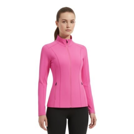 Front view of a women’s badminton jacket made from lightweight knit performance fabric, featuring a full‑zip front, long sleeves, and a streamlined athletic fit for training and warm‑ups.