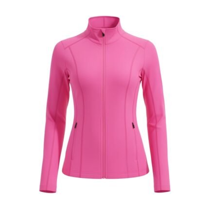 Front view of a women’s badminton jacket made from lightweight knit performance fabric, featuring a full‑zip front, long sleeves, and a streamlined athletic fit for training and warm‑ups.