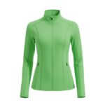 Close‑up of a women’s badminton jacket, focusing on the smooth lightweight knit fabric and clean front construction for a streamlined athletic look.