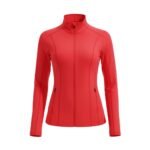 Close‑up of a women’s badminton jacket chest area in lightweight knit fabric, showing the small embroidered branding and smooth material for a clean, athletic look.