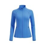 Close‑up of a women’s badminton jacket chest area in lightweight knit fabric, showing the smooth material and clean stitching for a minimalist athletic look.