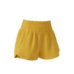 Front view of women’s badminton shorts showing the elastic waistband, lightweight quick-dry fabric, and small logo icon on a plain background.