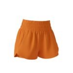 Front view of women’s badminton shorts showing the elastic waistband, lightweight quick-dry fabric, and small logo icon on a plain background.
