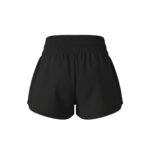 back view of women’s badminton shorts made from lightweight quick-dry fabric, laid flat on a plain background with a small logo icon near the hem.