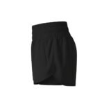 Side view of women’s badminton shorts made from lightweight quick-dry fabric, focusing on the hem and small logo icon on a plain background.