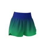 Front view of women’s badminton shorts made from lightweight quick-dry fabric, laid flat on a plain background with a small logo icon near the hem.