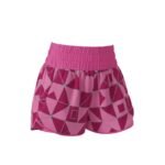 Front view of women’s badminton shorts in lightweight quick-dry fabric, laid flat on a plain background with a small logo icon near the hem.