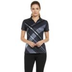 Women’s badminton short sleeve polo performance court shirt front view with chest logo icon on a plain background.