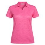 Women’s badminton short sleeve polo performance court shirt front view with logo icon on chest, shown on a plain background.