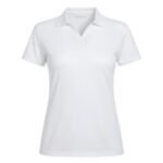 Women’s badminton short sleeve polo performance court shirt front view with logo icon on a plain background.