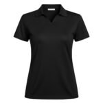 Women’s badminton short sleeve polo performance court shirt front view with chest logo icon, shown on a plain background.