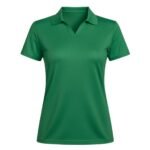 Women’s badminton short sleeve polo performance court shirt front view with chest logo icon, shown on a plain background.