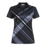 Women’s badminton short sleeve polo performance court shirt front view with logo icon, shown on a plain background.