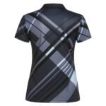 Women’s badminton short sleeve polo performance court shirt back view on a plain background.