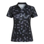 Women’s badminton short sleeve polo performance court shirt front view with chest logo icon, shown on a plain background. Caption: Women’s badminton short sleeve polo performance court shirt front view with chest logo icon, shown on a plain background.