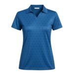 Women’s badminton short sleeve polo performance court shirt front view with chest logo icon, shown on a plain background.