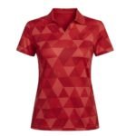 Women’s badminton short sleeve polo performance court shirt front view with chest logo icon, shown on a plain background.