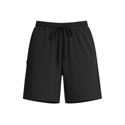 Front view of women’s hiking cargo golf shorts laid flat, showing the mid‑thigh length, waistband, front pockets, and cargo pocket detailing in stretchy quick‑dry fabric