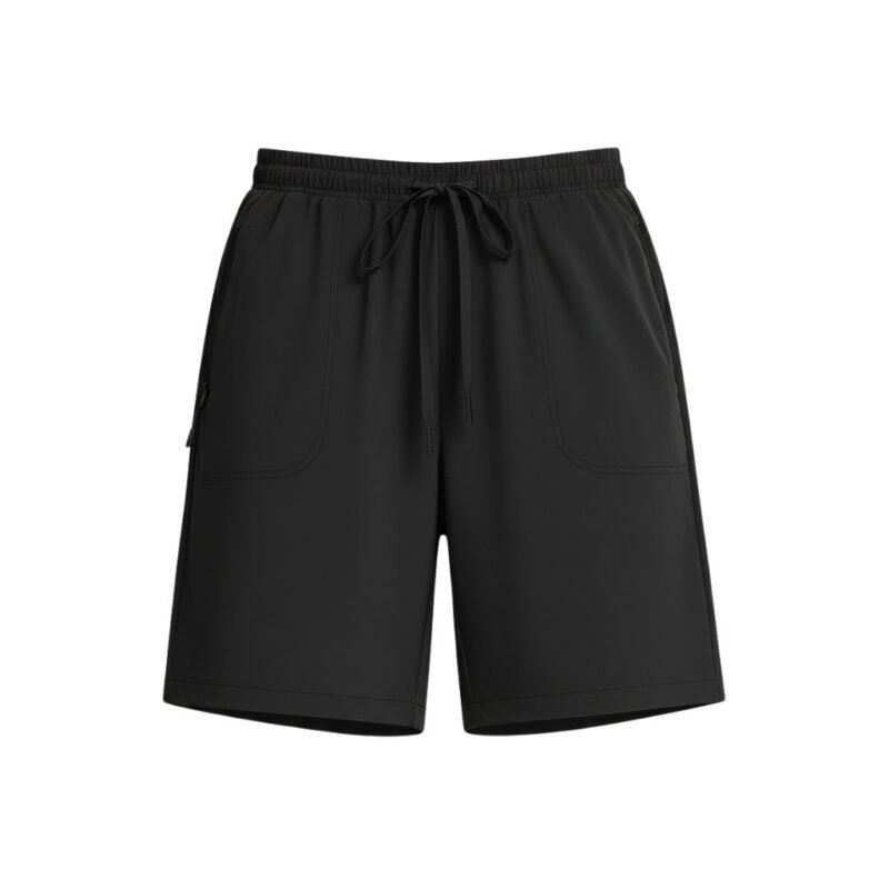 Front view of women’s hiking cargo golf shorts laid flat, showing the mid‑thigh length, waistband, front pockets, and cargo pocket detailing in stretchy quick‑dry fabric