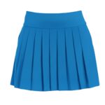 Women’s blue golf skort shown from the front on a model, with a smooth pull-on waistband and above-the-knee length