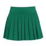 Women’s light gray golf skort shown from the front on a model, with a smooth pull-on waistband and above-the-knee length