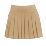 Women’s light gray golf skort shown from the front on a model, with a smooth pull-on waistband and above-the-knee length