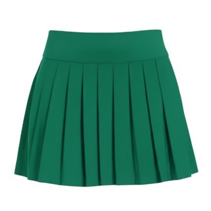 Women’s light gray golf skort shown from the front on a model, with a smooth pull-on waistband and above-the-knee length