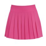 Women’s light gray golf skort shown from the front on a model, featuring a smooth pull-on waistband and above-the-knee length.