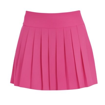 Women’s light gray golf skort shown from the front on a model, featuring a smooth pull-on waistband and above-the-knee length.