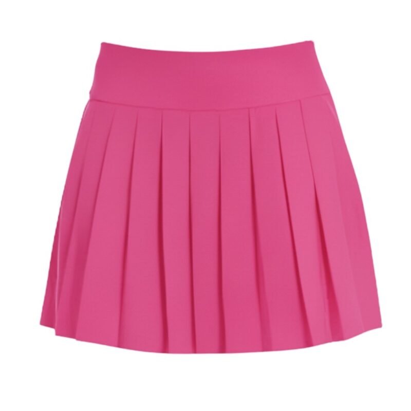 Women’s light gray golf skort shown from the front on a model, featuring a smooth pull-on waistband and above-the-knee length.