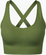 Light gray women’s golf sports bra shown from the front on a model. Scoop neck, wide straps, smooth breathable fabric, and a small logo icon on the band.
