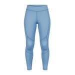 Women’s ice hockey compression pants in light blue, laid flat to show the full-length slim fit and wide waistband.
