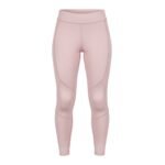 Women’s ice hockey compression pants in light pink, laid flat to show the full-length slim fit and wide waistband.