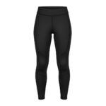Women’s ice hockey compression pants in black, laid flat to show the full-length slim fit and wide waistband.