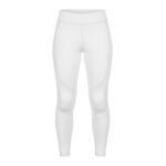 Women’s ice hockey compression pants in white, laid flat to show the full-length slim fit and wide waistband.