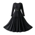 Black women’s maxi dress front view on plain background, showing full‑length skirt and relaxed, flowing silhouette.