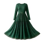 Green women’s maxi dress front view on plain background, showing full‑length skirt and relaxed, flowing silhouette.