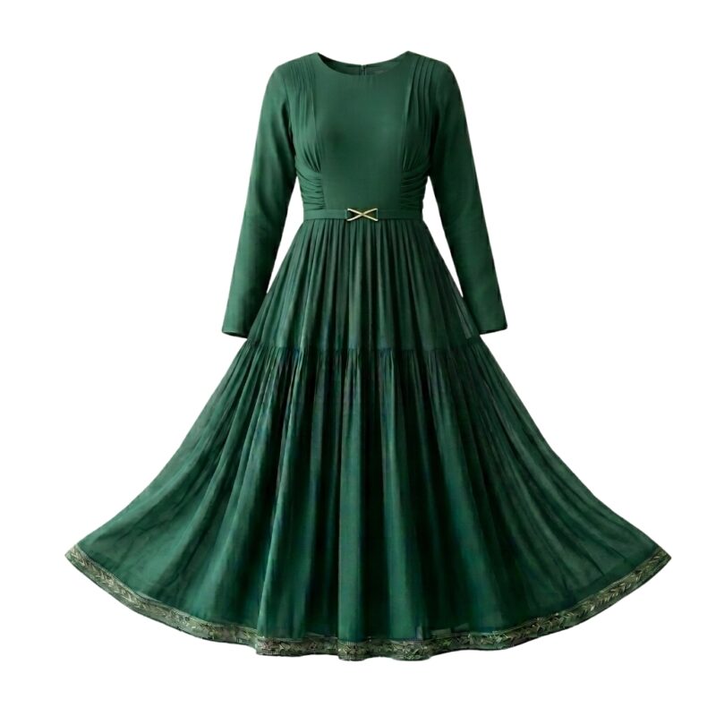 Green women’s maxi dress front view on plain background, showing full‑length skirt and relaxed, flowing silhouette.