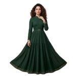 Woman wearing a green maxi dress front view, showing full‑length flowy skirt and relaxed fit.