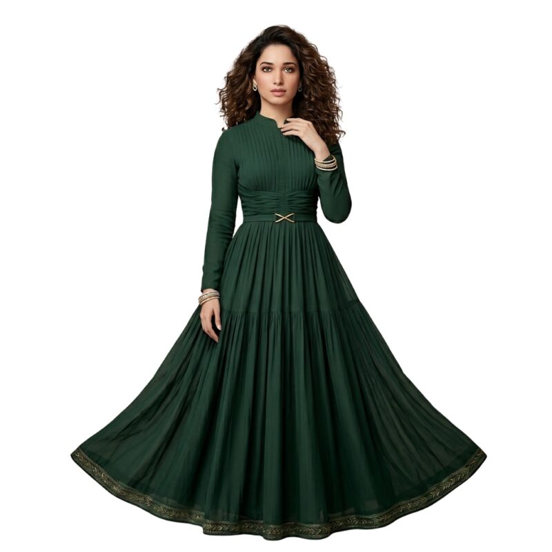 Woman wearing a green maxi dress front view, showing full‑length flowy skirt and relaxed fit.