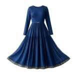 Blue women’s maxi dress front view on plain background, showing full‑length skirt and relaxed, flowing silhouette.