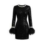 Black women’s party dress front view on plain background.
