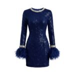 Blue women’s party dress front view on plain background.
