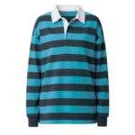 Front view of women’s rugby long sleeve shirt with buttoned collar and small chest logo icon, displayed on a plain background.