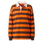 Front view of women’s rugby long sleeve shirt with buttoned collar and chest logo icon, shown on a plain background.