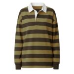 Front view of women’s rugby long sleeve shirt with buttoned collar and front logo icon, shown on a plain background.