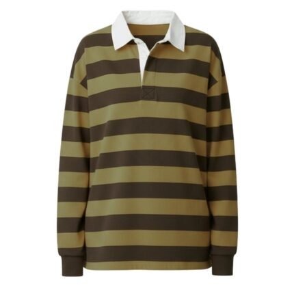 Front view of women’s rugby long sleeve shirt with buttoned collar and front logo icon, shown on a plain background.