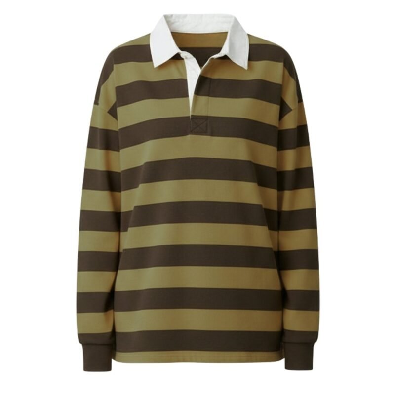 Front view of women’s rugby long sleeve shirt with buttoned collar and front logo icon, shown on a plain background.